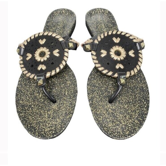 Jack Rogers Georgica Sparkle Glitter Jelly Flip Flops Sandals 7 Black Gold - Picture 1 of 10
